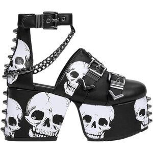 ⚡Women's Skull Design Silver Spiked Studs Chunky Platform Black Wedges Shoes